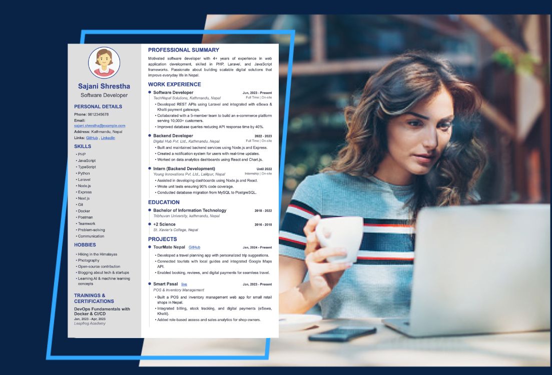 Resume template with person using laptop