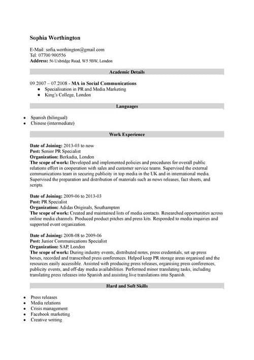 Example of a poorly formatted CV with cluttered layout and errors