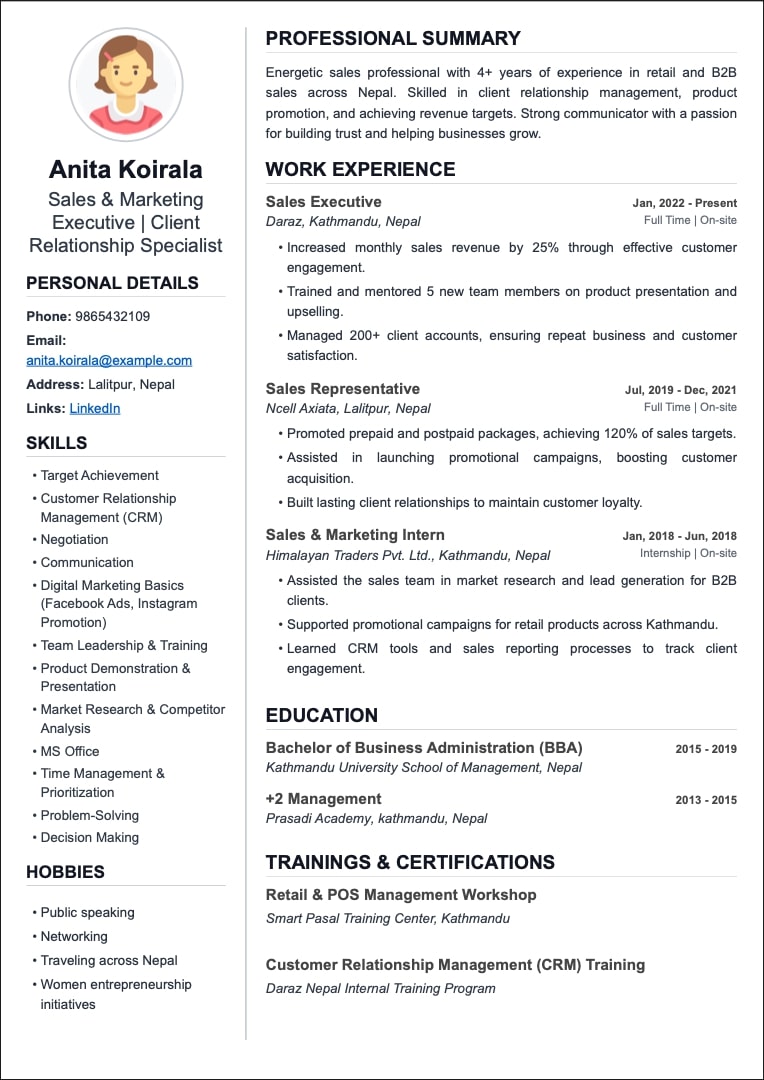Example of a well-formatted CV with clear structure and professional design